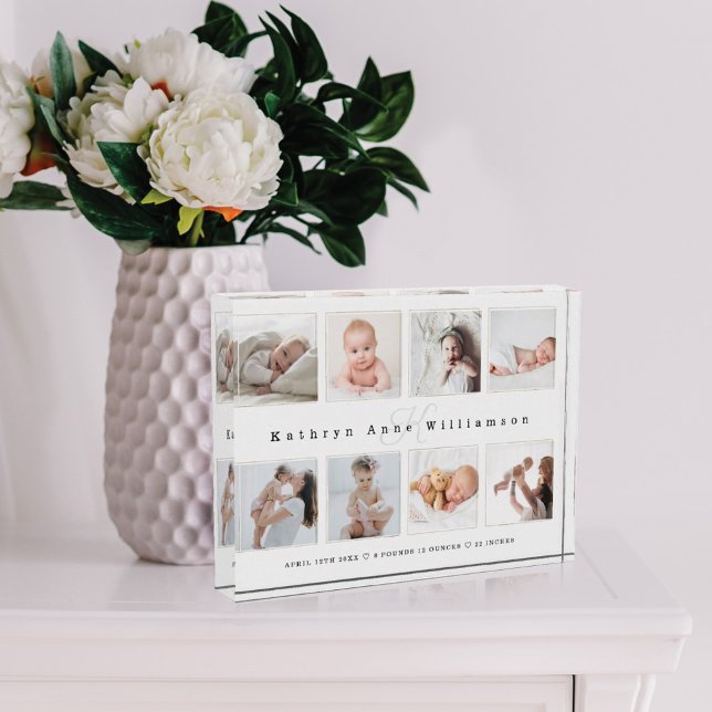 Newborn Baby Birth Stats Photo Collage & Monogram Block (Creator Uploaded)