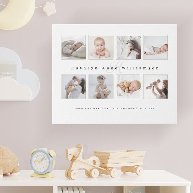 Newborn Baby Birth Stats Photo Collage & Monogram Faux Canvas Print (Creator Uploaded)