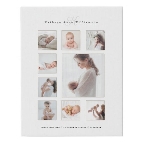 Newborn Baby Birth Stats Photo Collage  Monogram Faux Canvas Print