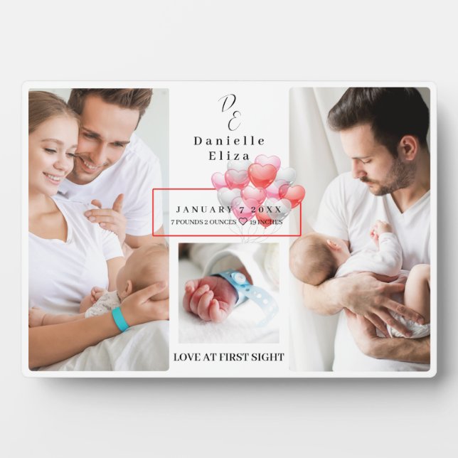 Newborn Baby Birth Stats Photo Collage Monogram Plaque (Front)