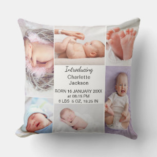 Newborn Baby Birth Stats & Photo Collage Plaque Throw Pillow