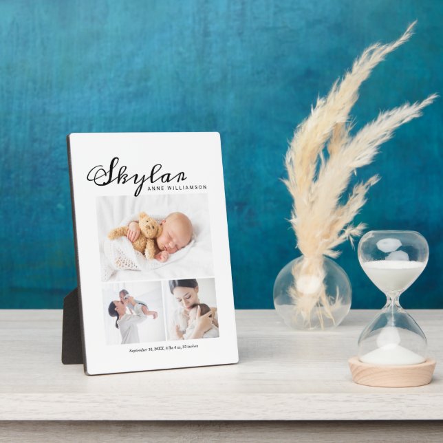 Newborn Baby Birth Stats Photo Collage White Plaque (Side)