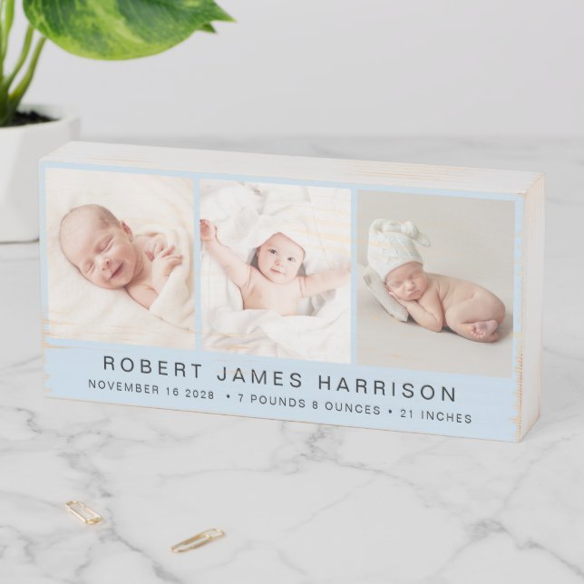 Newborn Baby Boy Birth 3 Photo Wooden Box Sign (In Situ Horizontal)