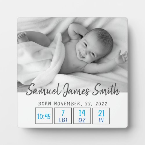 Newborn baby boy birth stats simple white  plaque
