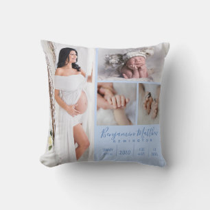 Newborn Baby Boy Blue Photo Keepsake Throw Pillow
