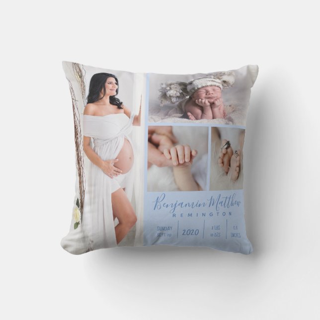 Newborn Baby Boy Blue Photo Keepsake Throw Pillow (Front)
