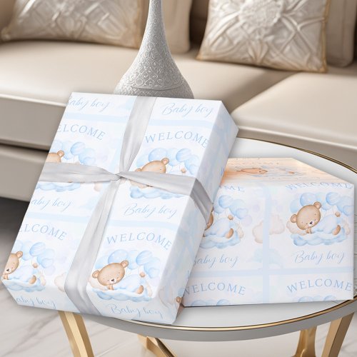 Newborn Baby Boy Name Blue Bear Wrapping Paper