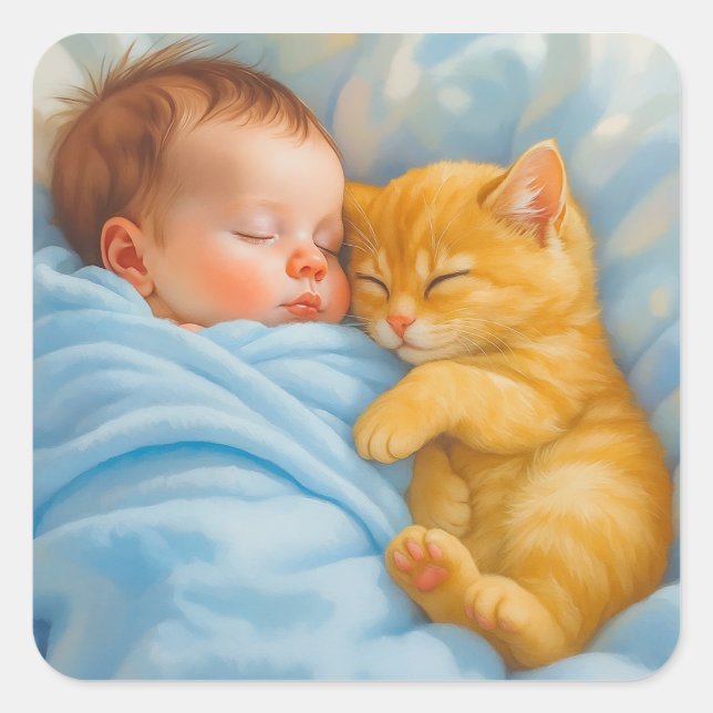 Newborn Baby Boy Napping with Kitten Square Sticker (Front)