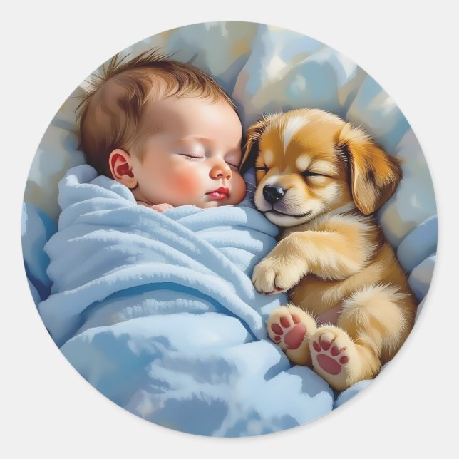 Newborn Baby Boy Napping with Puppy Classic Round Sticker (Front)