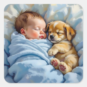 Newborn Baby Boy Napping with Puppy Square Sticker
