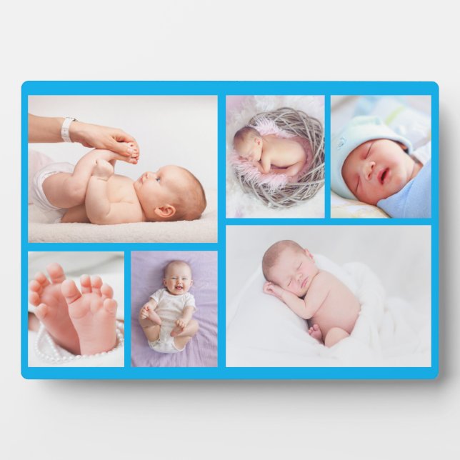 Newborn baby boy Personalized 6 Photo blue Plaque (Front)