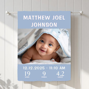 Newborn Baby Boy Photo Blue with Stats Blanket