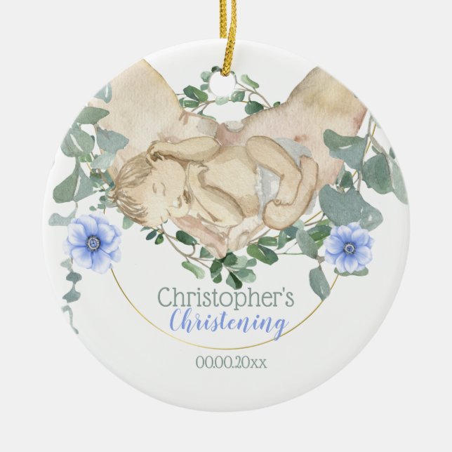 Newborn baby boy sleeping in hands eucalyptus   ceramic ornament (Front)