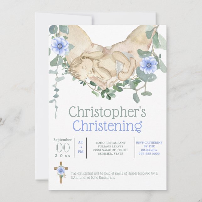 Newborn baby boy sleeping in hands eucalyptus invitation (Front)