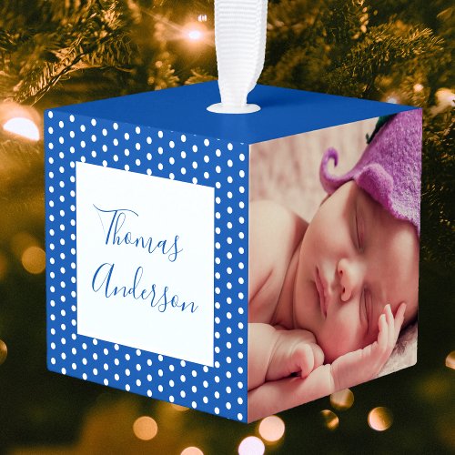 Newborn Baby Boy with Birth Stats and Photo Cube Ornament