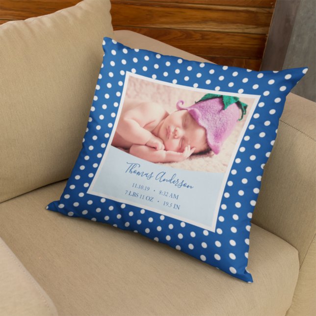 Newborn Baby Boy with Birth Stats and Photo Throw Pillow (Creator Uploaded)