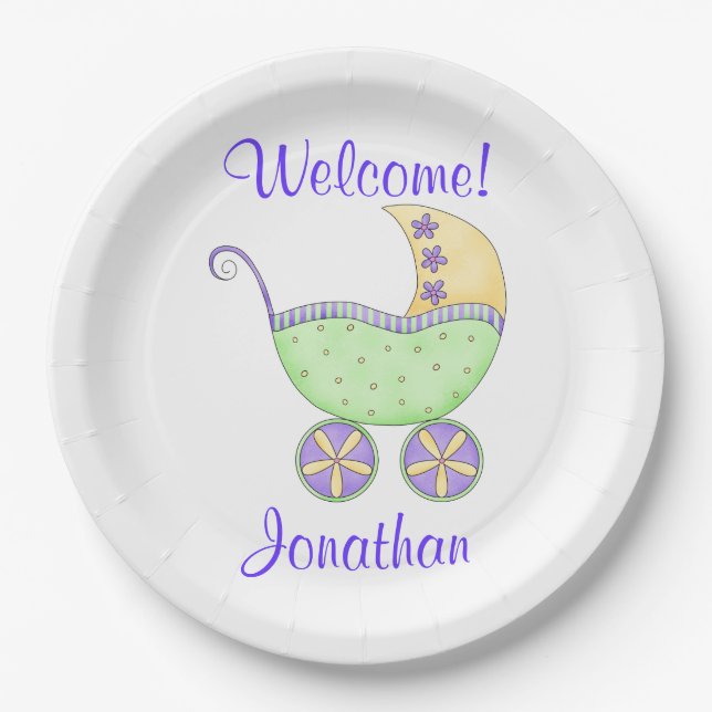 Newborn Baby Buggy Welcome Name Personalized Paper Plates (Front)