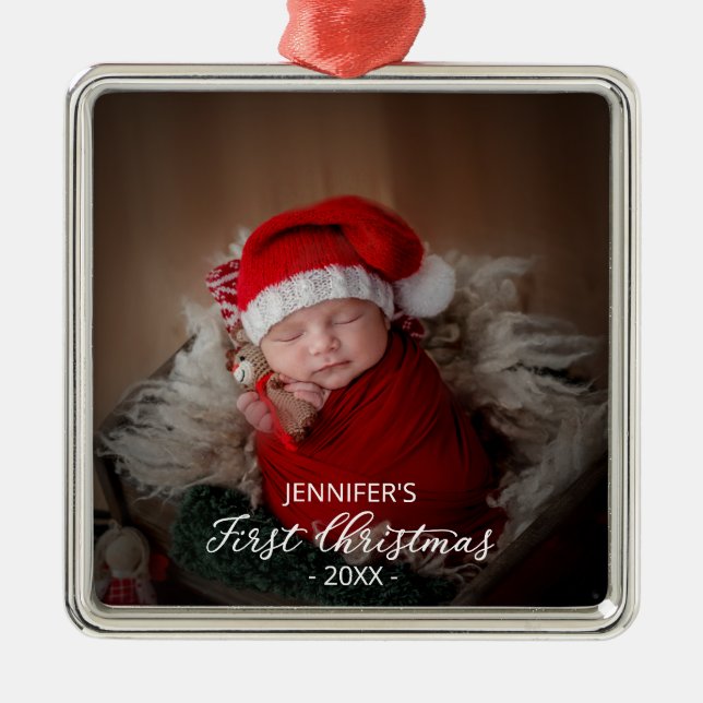 Newborn Baby First Christmas Add Your Photo Metal Ornament (Front)