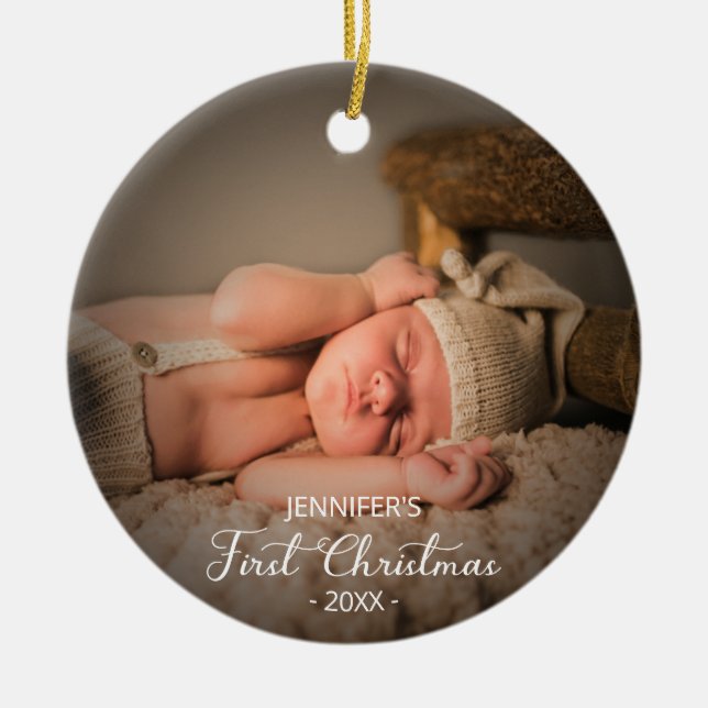 Newborn Baby First Christmas Custom Photo Ceramic Ornament (Front)