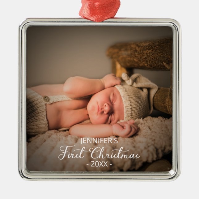 Newborn Baby First Christmas Custom Photo Metal Ornament (Front)