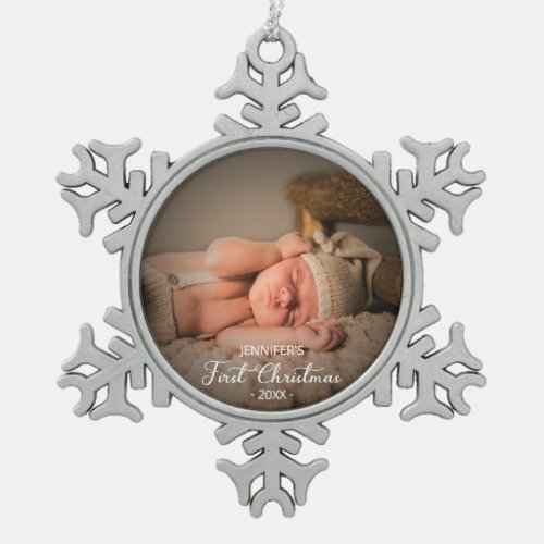 Newborn Baby First Christmas Custom Photo Snowflake Pewter Christmas Ornament