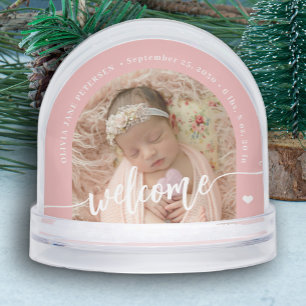 Newborn baby girl 2 photo welcome script keepsake snow globe