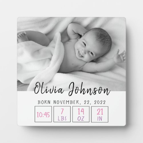 Newborn baby girl birth stats simple white plaque