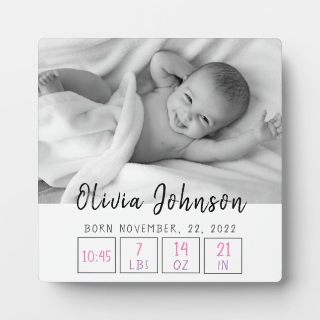 Newborn baby girl birth stats simple white plaque (Front)