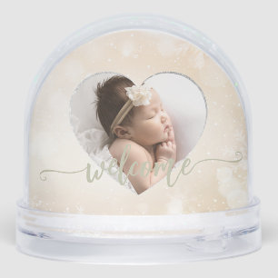 Newborn Baby Girl Custom 2Photo Welcome Script Snow Globe