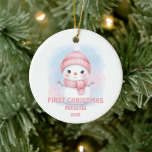 Newborn Baby Girl First Christmas Snowman Photo Ceramic Ornament