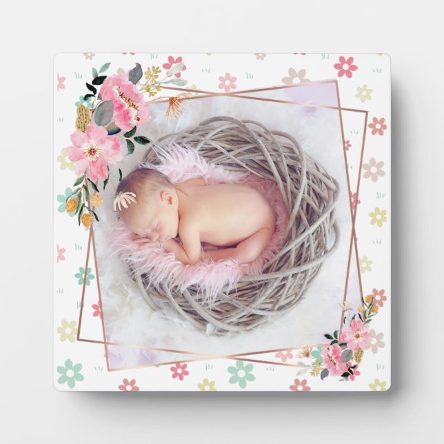Newborn Baby Girl Floral Custom Photo Plaque (Front)