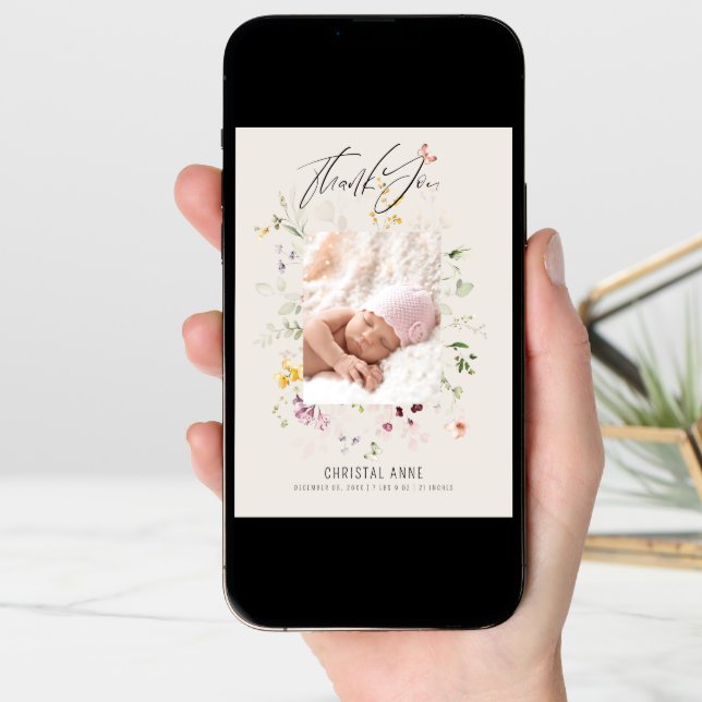 Newborn Baby Girl Ivory Thank You Photo Birth  Announcement (Front Digital)