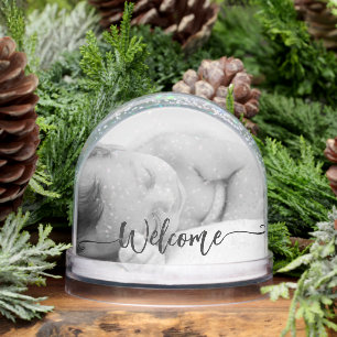 Newborn baby girl keepsake -2photo welcome script snow globe