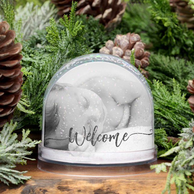 Newborn baby girl keepsake -2photo welcome script snow globe (Winter)