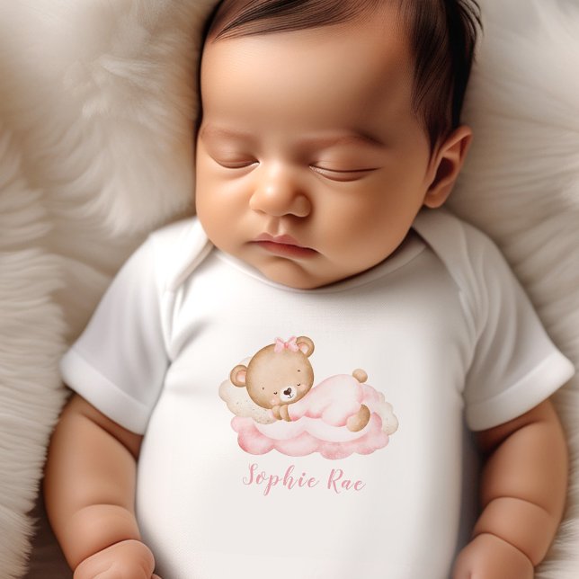 Newborn Baby Girl Name Pink Bear Bodysuit (Newborn Baby Girl Name Pink Bear Baby Bodysuit)