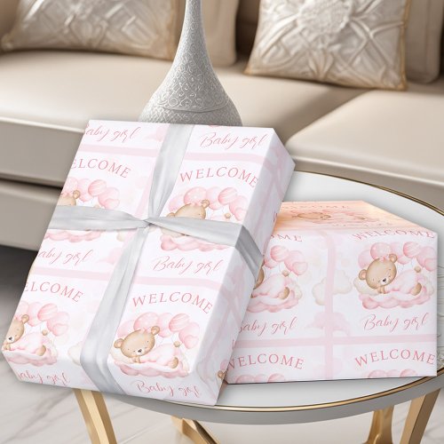 Newborn Baby Girl Name Pink Bear Wrapping Paper
