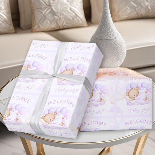Newborn Baby Girl Name Purple Lavender Bear Wrapping Paper