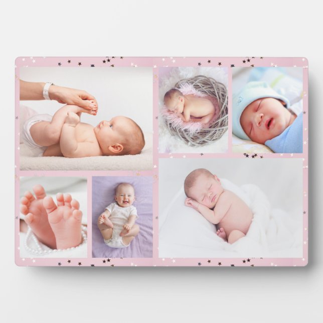 Newborn baby girl Personalized 6 Photo pink Plaque (Front)