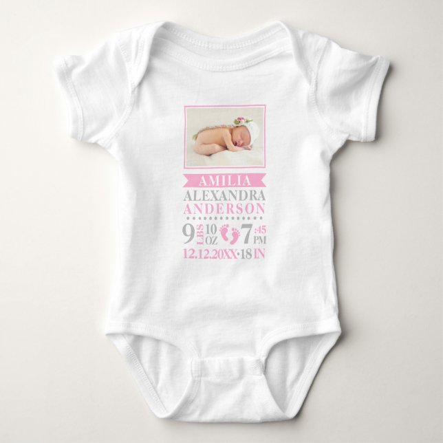Newborn Baby Girl Pink Grey Birth Stats PHOTO Baby Bodysuit (Front)