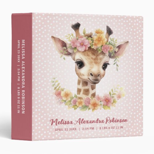 Newborn Baby Girl Stats Cute Animal Giraffe Album 3 Ring Binder