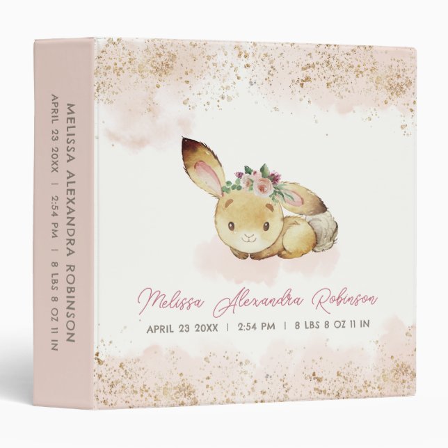 Newborn Baby Girl Stats Little Bunny Blush Gold 3 Ring Binder (Front/Spine)
