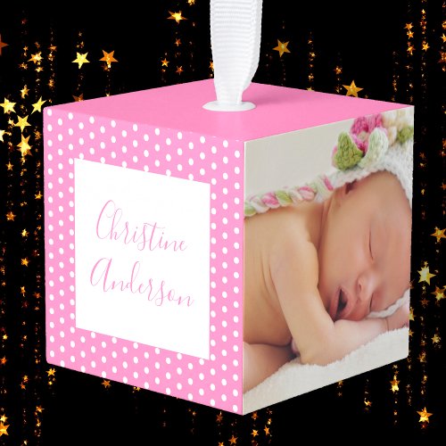 Newborn Baby Girl with Birth Stats and Photo Cube Ornament