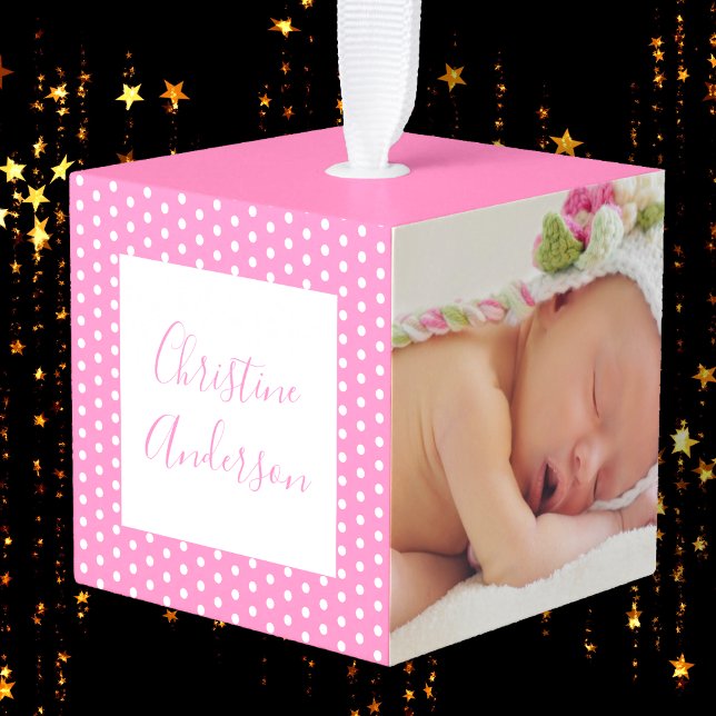 Newborn Baby Girl with Birth Stats and Photo Cube Ornament (Creator Uploaded)