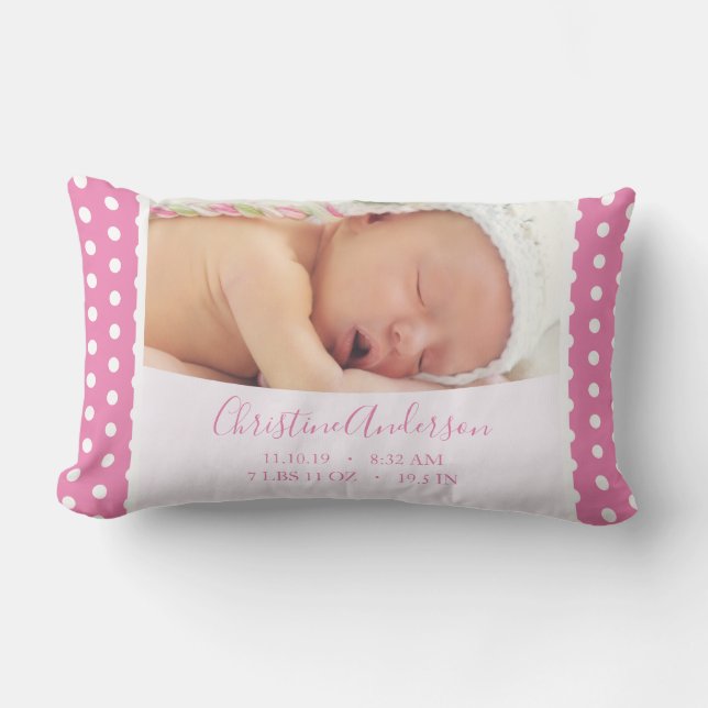 Newborn Baby Girl with Birth Stats and Photo Lumbar Pillow (Front)