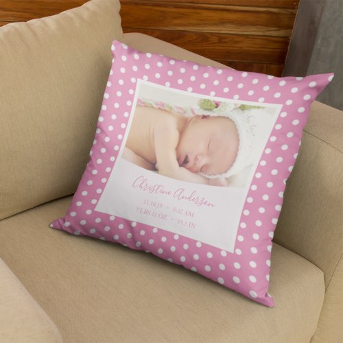 Newborn Baby Girl with Birth Stats and Photo Throw Pillow