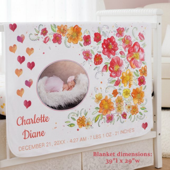 Newborn Baby Girl's Photo Name Stats First Baby Blanket (Cute personalized baby blanket!)
