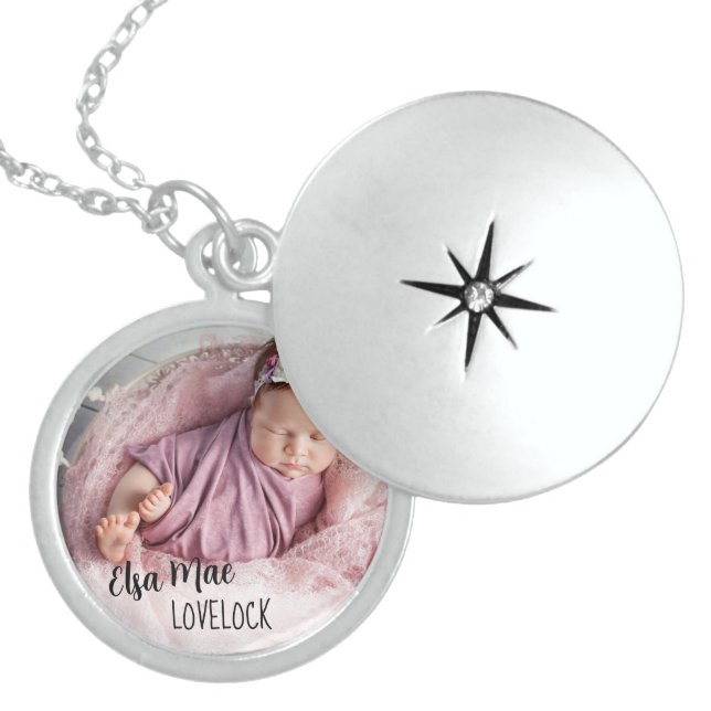 Newborn Baby Name and Photo Locket Necklace (Front)