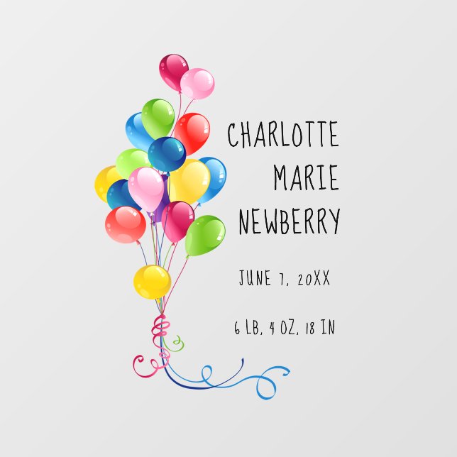 Newborn Baby, Name, Birth Date, Weight, BALLOONS Wall Decal (Front)