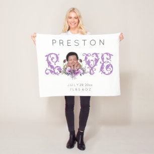Newborn Baby of Color LOVE Purple Flowers Fleece Blanket