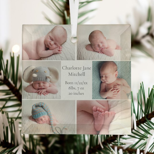 Newborn Baby Photo Collage Keepsake Christmas Glass Ornament (Creator Uploaded)